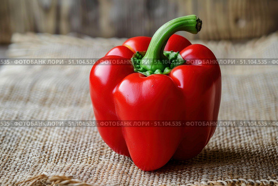 Fresh red bell pepper sitting on rustic burlap surface. Стоковое AI-изображение, AI-художник Иван Рябоконь / Фотобанк Лори
