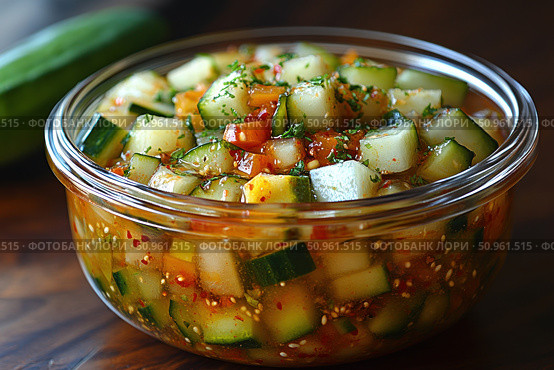 Fresh salad of cucumbers, tomatoes and greens in a transparent glass bowl. The pieces of vegetables are cut into cubes, seasoned with aromatic spices, garlic, sesame and greens. The dish looks bright, juicy and appetizing, ideal for healthy eating, vegetarian menu and summer lunch. The background of warm wood adds home comfort and emphasizes the naturalness of the composition. Стоковое AI-изображение, AI-художник Анна Кривицкая / Фотобанк Лори