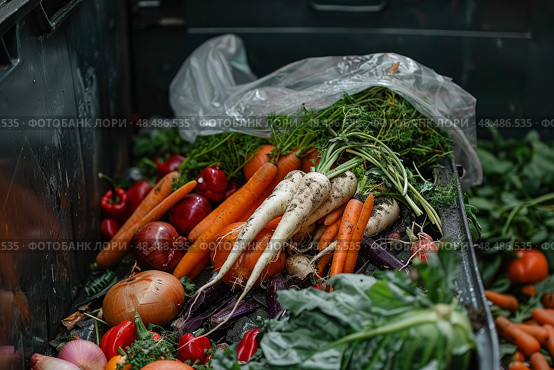 Fresh vegetables thrown away as waste in garbage dumpster, reducing food loss and composting. Стоковое AI-изображение, AI-художник Иван Рябоконь / Фотобанк Лори