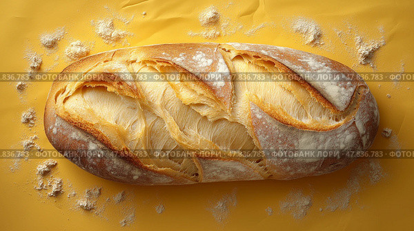 Freshly baked artisan bread with golden crust on bright yellow background. Свежеиспеченный хлеб с золотистой корочкой на ярко-желтом фоне. Стоковое AI-изображение, AI-художник Katsiaryna Repich / Фотобанк Лори