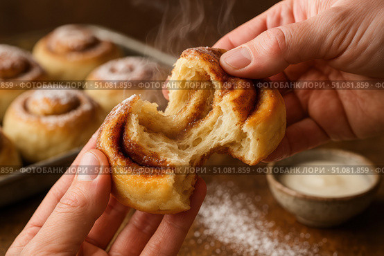 Freshly baked cinnamon rolls being pulled apart, revealing soft, fluffy texture. A small bowl of icing is nearby, with powdered sugar scattered on the surface. Стоковое AI-изображение, AI-художник Nart / Фотобанк Лори