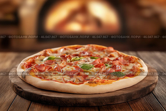 Freshly Baked Pizza in a Cozy Atmosphere. Стоковое AI-изображение, AI-художник Башкирова Анна / Фотобанк Лори