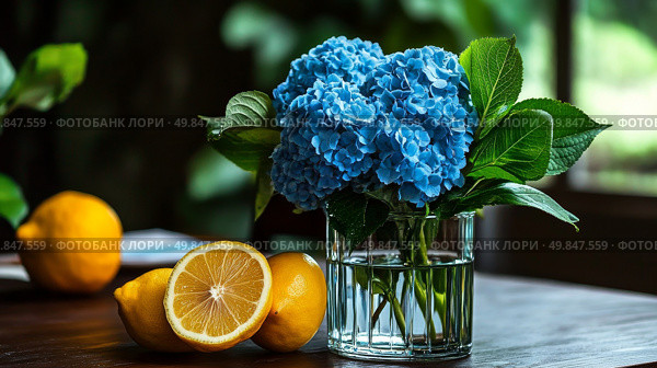 Freshly Cut Blue Hydrangeas and Lemons on a Rustic Outdoor Table in a Lush Garden Setting. Стоковое AI-изображение, AI-художник Юлия Гапеенко / Фотобанк Лори