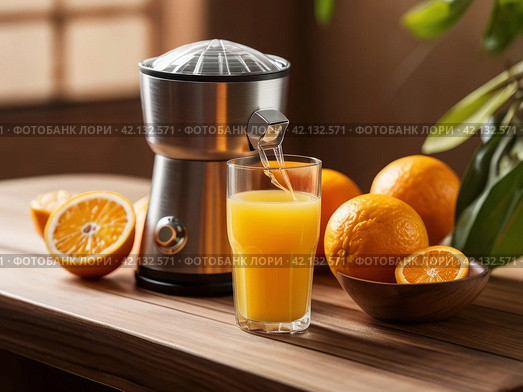 Freshly squeezed (natural) orange juice. Стоковое AI-изображение, AI-художник Сергей Елизарьев / Фотобанк Лори