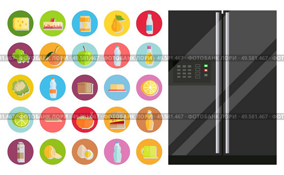 Fridge with temperature controlling panel and set of food isolated icons. Cheese and diary products, food preservation. Refrigerator with broccoli and pear, cake and bread. Freezer device vector. Refrigerator and Set of Food Dishes and Meals. Стоковая иллюстрация, агентство Ingram Publishing / Фотобанк Лори