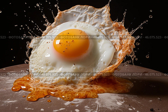 Fried egg splashing on griddle with seasoning and oil. Стоковое AI-изображение, AI-художник Иван Рябоконь / Фотобанк Лори