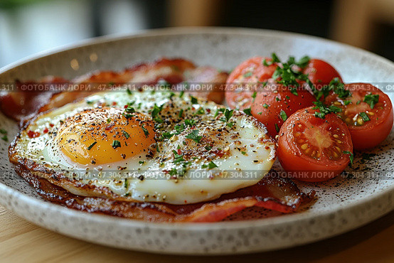 Fried eggs and bacon for breakfast in a gray ceramic plate on a table. Traditional American Breakfast with fried eggs, ham, fresh tomatoes and cress served in a diner. Keto diet. Стоковое AI-изображение, AI-художник Марина Демидюк / Фотобанк Лори