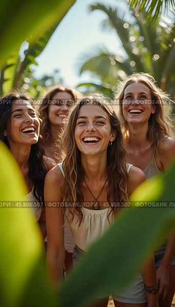 Friends celebrate summer getaway in lush tropical setting with laughter and smiles amidst vibrant greenery. Tropics are climatic zones of Earth in which Sun is at its zenith at least once year. AI. Стоковое AI-изображение, AI-художник Юлия Петровская / Фотобанк Лори