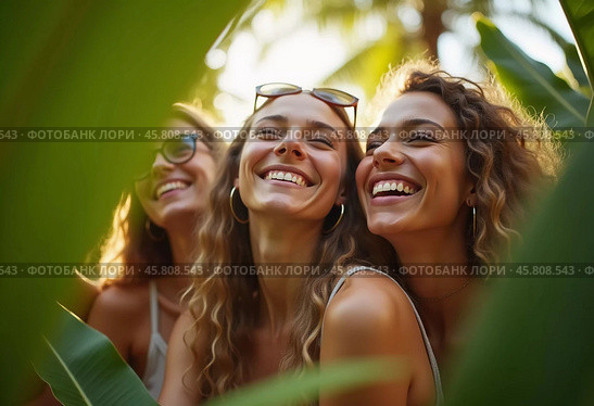 Friends celebrate summer getaway in lush tropical setting with laughter and smiles amidst vibrant greenery. Tropics are climatic zones of Earth in which Sun is at its zenith at least once year. AI. Стоковое AI-изображение, AI-художник Юлия Петровская / Фотобанк Лори