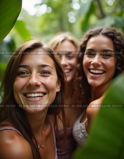 Friends celebrate summer getaway in lush tropical setting with laughter and smiles amidst vibrant greenery. Tropics are climatic zones of Earth in which Sun is at its zenith at least once year. AI. Стоковое AI-изображение, AI-художник Юлия Петровская / Фотобанк Лори