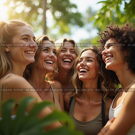Friends celebrate summer getaway in lush tropical setting with laughter and smiles amidst vibrant greenery. Tropics are climatic zones of Earth in which Sun is at its zenith at least once year. AI. Стоковое AI-изображение, AI-художник Юлия Петровская / Фотобанк Лори