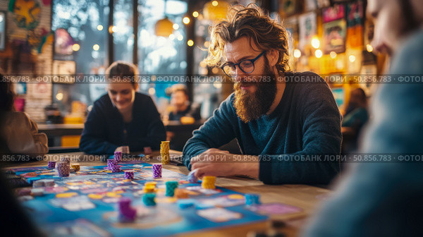 Friends enjoying quality time playing a boardgame. Стоковое AI-изображение, AI-художник Данила Большаков / Фотобанк Лори