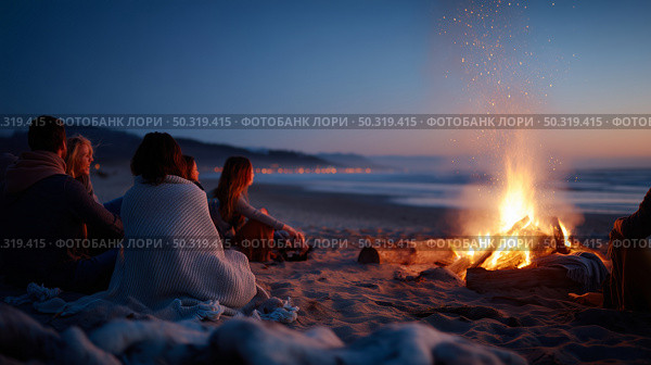 Friends gather around a warm bonfire on the beach during twilight, enjoying a relaxed evening by the ocean. Стоковое AI-изображение, AI-художник Сергей Толмачёв / Фотобанк Лори