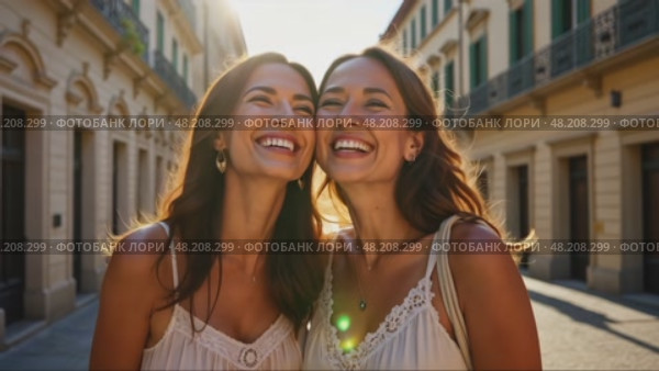 Friends laughing together on a sun-drenched European street, historic buildings casting soft shadows, light breeze moving their long hairs. Стоковое AI-видео, аниматор Sergey Grishin / Фотобанк Лори