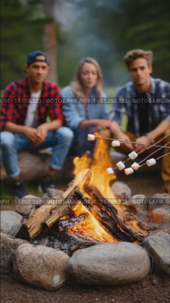 Friends roasting marshmallows over campfire. Стоковое AI-видео, аниматор Юрий Поздников / Фотобанк Лори