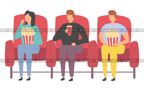 Friends spending time together in cinema vector, people sit in hall watching movie drink and eat popcorn, people gathered for entertainment and joyful time. Friends Watching Movie Spending Time Together. Стоковая иллюстрация, агентство Ingram Publishing / Фотобанк Лори