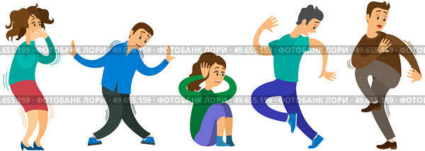 Frightened people suffering from various phobias set. Characters are afraid of objects and phenomena. Fears and phobias of characters. Men and women tremble with fright, trying to escape terror. Frightened people suffering from various phobias set. Characters tremble with fright, fears. Стоковая иллюстрация, агентство Ingram Publishing / Фотобанк Лори