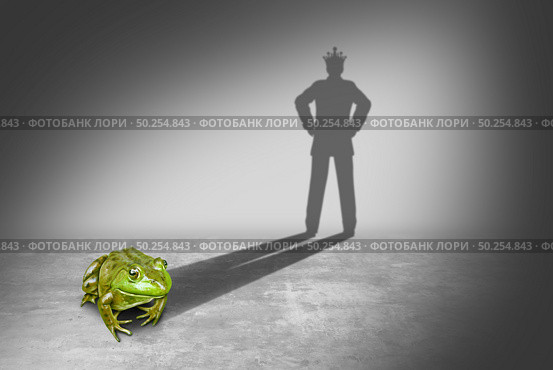 Frog prince casting a shadow of a royal prince charming wearing a gold crown representing the fairy tale concept of change and transformation from an amphibian to a young future king in a 3D illustration style. Стоковое фото, агентство Ingram Publishing / Фотобанк Лори
