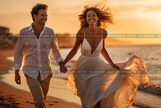 Front view of a young couple walking along the seashore against the background of the sunset sea. Generated by AI. Стоковое AI-изображение, AI-художник Ярославский Максим / Фотобанк Лори