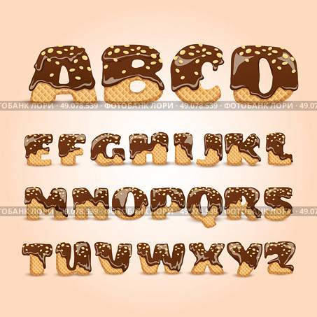 Frosted Chocolate Wafers Alphabet Letters Set. Frosted chocolate sprinkled waffles letters sweet alphabet dessert for kids pictograms collection  poster realistic abstract vector illustration . Стоковая иллюстрация, агентство Ingram Publishing / Фотобанк Лори