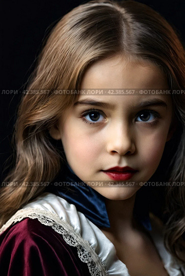 Frowning vampire in cloak posing near chest in underground castle dark room, severe looking at camera. Child girl actress in Dracula image poses indoors. Theatre performing concept. Copy ad text space. Стоковое AI-изображение, AI-художник Aleksandr Golubev / Фотобанк Лори