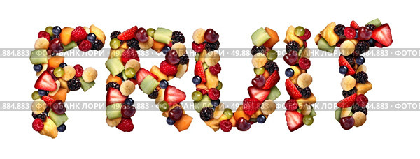 Fruit concept as assorted fruits shaped as letters made of fresh berries blueberry blackberry strawberries melon cantaloupe raspberry pineapple banana and grapes as an icon of healthy lifestyle and living well isolated on a white background. Стоковое фото, агентство Ingram Publishing / Фотобанк Лори