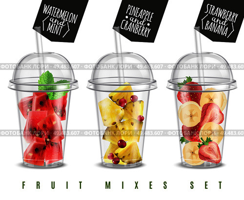 Fruit mix 3 realistic summer snacks in plastic glass servings set with watermelon pineapple strawberry banana vector illustration  . Fruit Mix Realistic Set . Стоковая иллюстрация, агентство Ingram Publishing / Фотобанк Лори