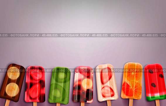 Fruit popsicles ice cream realistic background with images of frozen stick confections of different taste and flavour vector illustration. Стоковая иллюстрация, агентство Ingram Publishing / Фотобанк Лори