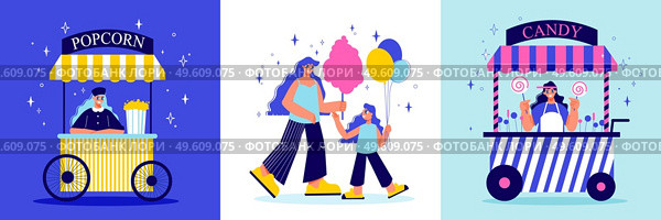 Funfair amusement park design concept with three square compositions of doodle characters sweets and market stalls vector illustration. Funfair Park Design Concept. Стоковая иллюстрация, агентство Ingram Publishing / Фотобанк Лори