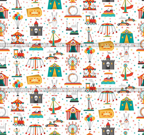 Funfair Fair Amusement Park Seamless Pattern. Travelling carnival amusement park show fair seamless festive pattern with retro tickets clown and castle vector illustration . Стоковая иллюстрация, агентство Ingram Publishing / Фотобанк Лори