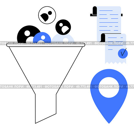 Funnel filters diverse user profiles with a checklist and location pin beside it. Ideal for data processing data management user filtering smart organization accurate tracking and analysis. Efficient Data Filtering Process with Checklists and Location Pin for Better Accuracy. Стоковая иллюстрация, агентство Ingram Publishing / Фотобанк Лори