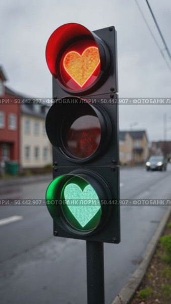 Funny and conceptual traffic light on road crossing, Iceland changes from green to red. The stop signal in shape of heart. Concept relationship, romantic date and tenderness. St Valentine vibes. Стоковое AI-видео, аниматор Sergey Grishin / Фотобанк Лори