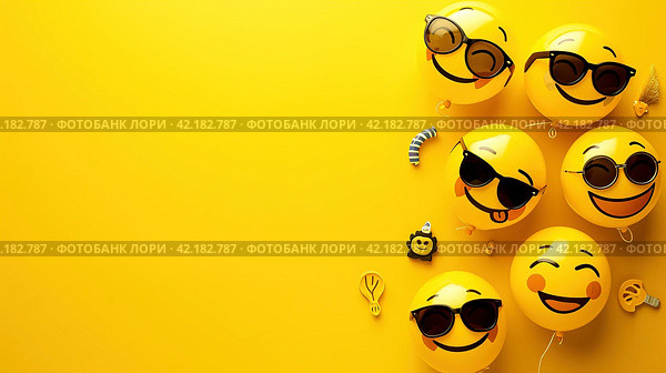 Funny Background dedicated to the Day of laughter, with various attributes for practical jokes, Copy Space. Стоковое AI-изображение, AI-художник Ирина Ручушкина / Фотобанк Лори