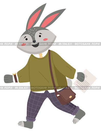 Funny cartoon animal student. Lovely cute hare schoolboy with paper sheet in hand is rushing to the lesson. Back to school concept. Active rabbit pupil in uniform and with a bag on his shoulder. Funny animal student. Lovely cute hare schoolboy with paper sheet in hand is rushing to the lesson. Стоковая иллюстрация, агентство Ingram Publishing / Фотобанк Лори