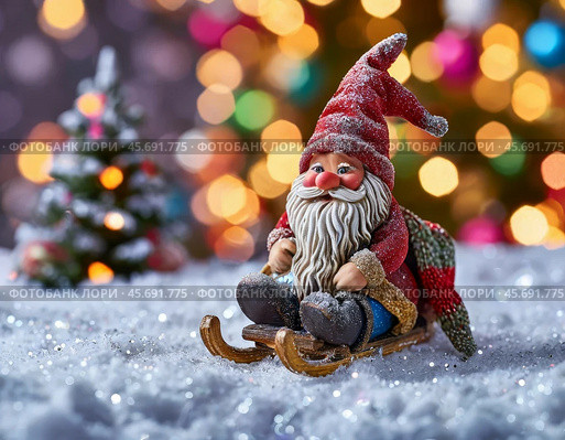 Funny gnome on a sleigh with gifts. Festive New Year's atmosphere. Стоковое AI-изображение, AI-художник Сергей Елизарьев / Фотобанк Лори