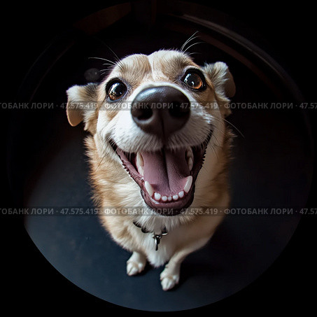 Funny happy dog smiling at the camera in cozy home interior, fisheye lens perspective. Забавная счастливая собака улыбается в камеру в уютном домашнем интерьере, перспектива объектива «рыбий глаз. Стоковое AI-изображение, AI-художник Katsiaryna Repich / Фотобанк Лори