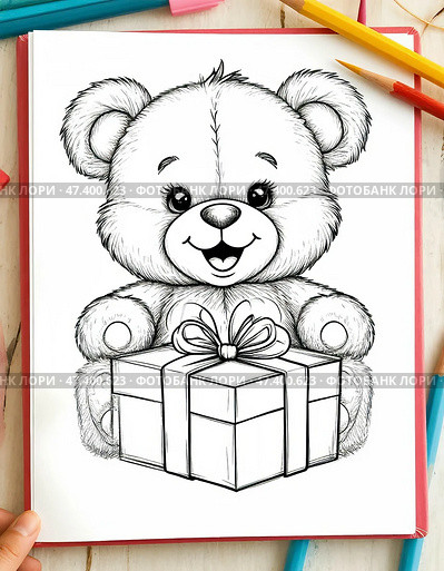 Funny little bear. Educational children's coloring (black and white). White background, in the style of a coloring book, a drawing for children to color. Стоковое AI-изображение, AI-художник Сергей Елизарьев / Фотобанк Лори