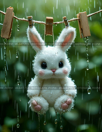 Funny white plush bunny hanging on a rope in the rain. Children's toy. Стоковое AI-изображение, AI-художник Сергей Елизарьев / Фотобанк Лори