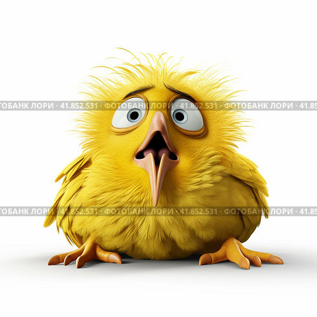 Funny yellow bird on a white background. Стоковое AI-изображение, AI-художник Анна Кривицкая / Фотобанк Лори