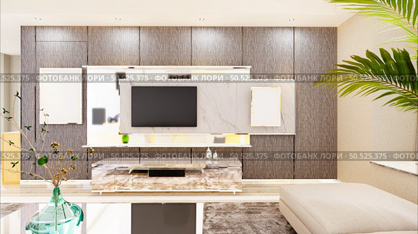 Furnished living room and wall mounted TV, 3D style. Стоковое фото, агентство Ingram Publishing / Фотобанк Лори