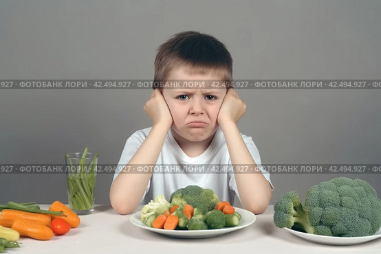 Fussy boy about vegetable dinner. Generate ai. Стоковое AI-изображение, AI-художник Иван Рябоконь / Фотобанк Лори