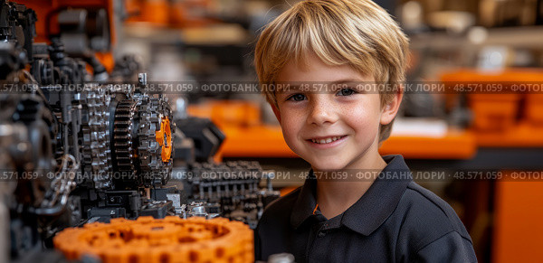 Future Engineer: Boy with machinery parts, envisioning a career in engineering, design for future generation and stem education initiative. Стоковое AI-изображение, AI-художник Данила Большаков / Фотобанк Лори
