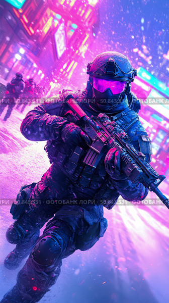Futuristic Combat: Patrol amidst glowing metropolis, enforcing security in a cyberpunk city, showcasing advanced weapon and tactical gear. Стоковое AI-изображение, AI-художник Данила Большаков / Фотобанк Лори