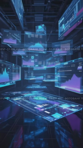 Futuristic Digital Data Visualization Environment Featuring Interactive 3D Graphs and Dynamic Analytics Displays in a High-Tech Virtual Space. Стоковое AI-видео, аниматор Владимир Федоров / Фотобанк Лори