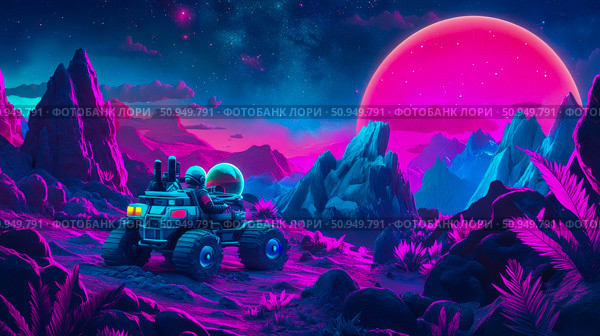 Futuristic exploration: an astronaut rides a rover on an alien planet with pink plants, jagged mountains, and a giant planet-like moon dominating the sky. Стоковое AI-изображение, AI-художник Данила Большаков / Фотобанк Лори