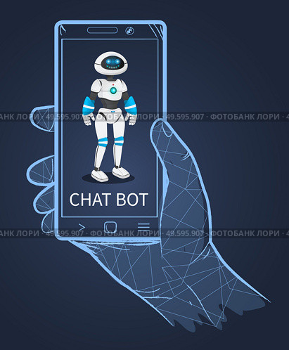 Futuristic friendly smiling cyborg on smartphone screen in cyber polygonal dotted line hand. High tech artificial intelligence cyber smart chat bot. Hitech developed humanoid. Dark blue background. Smiling friendly futuristic cyborg on smartphone screen in cyber hand. Concept of chat bot. Стоковая иллюстрация, агентство Ingram Publishing / Фотобанк Лори