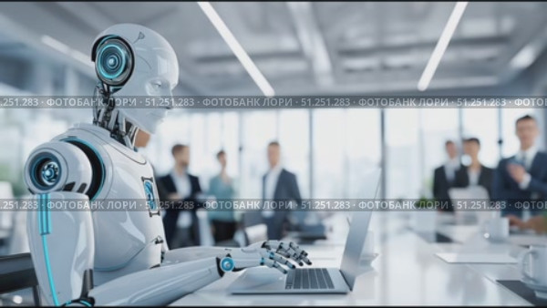 Futuristic humanoid robot with sleek design is working on a laptop in a modern office environment, showcasing advanced technology and collaboration among professionals. Стоковое AI-видео, аниматор Ирина Ручушкина / Фотобанк Лори