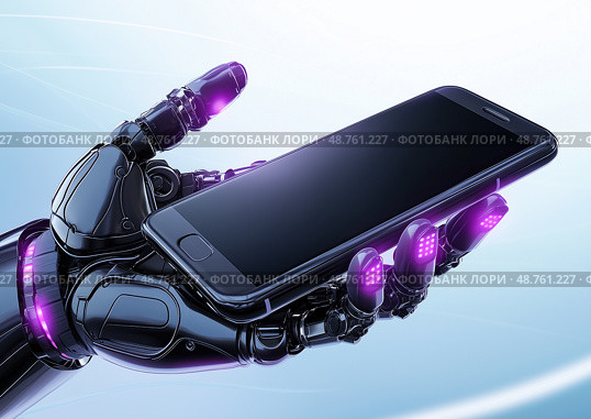 Futuristic metallic robotic hand with purple backlight holding a modern smartphone on a light background. Стоковое AI-изображение, AI-художник ArtVladZ / Фотобанк Лори