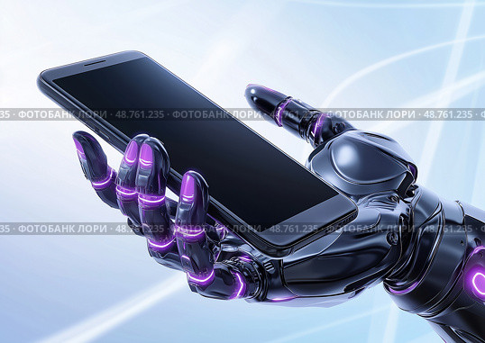 Futuristic metallic robotic hand with purple backlight holding a modern smartphone on a light background. Стоковое AI-изображение, AI-художник ArtVladZ / Фотобанк Лори