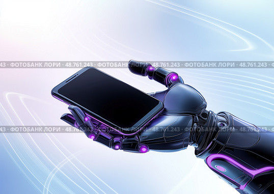 Futuristic metallic robotic hand with purple backlight holding a modern smartphone on a light background. Стоковое AI-изображение, AI-художник ArtVladZ / Фотобанк Лори